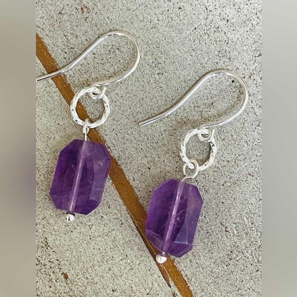 Earrings, Amethyst gemstones 13 c 9 Faceted slab drop earr